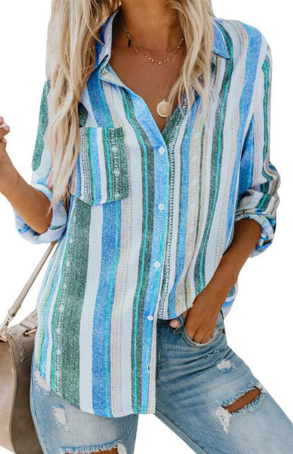 Shirts- Washed Stripes Button Down V-Neck Shirt- - Pekosa Women Clothing