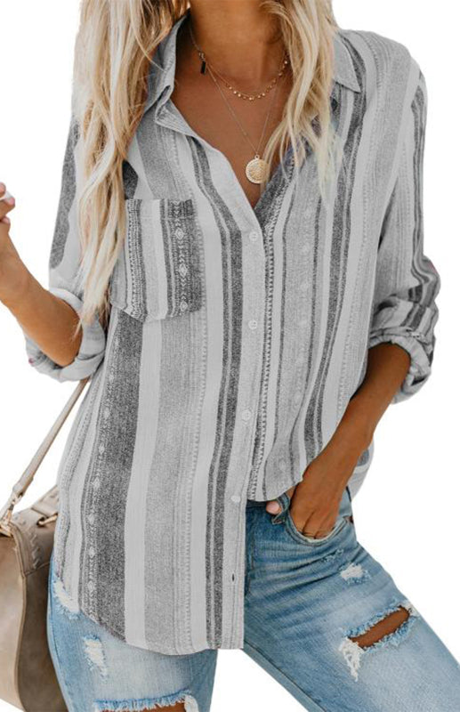 Shirts- Washed Stripes Button Down V-Neck Shirt- - Pekosa Women Clothing