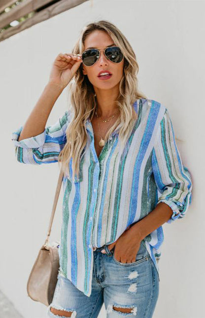 Shirts- Washed Stripes Button Down V-Neck Shirt- - Pekosa Women Clothing