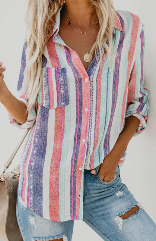 Shirts- Washed Stripes Button Down V-Neck Shirt- - Pekosa Women Clothing