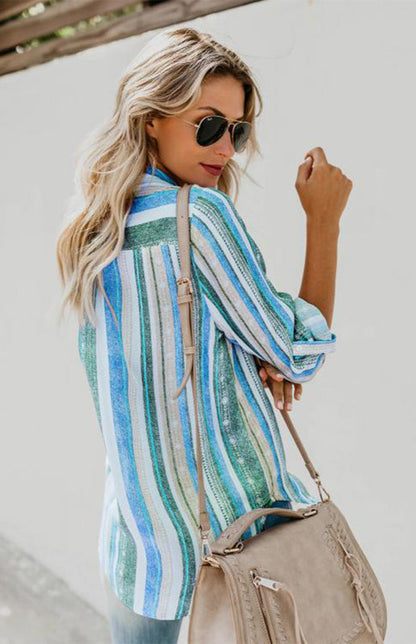 Shirts- Washed Stripes Button Down V-Neck Shirt- - Pekosa Women Clothing