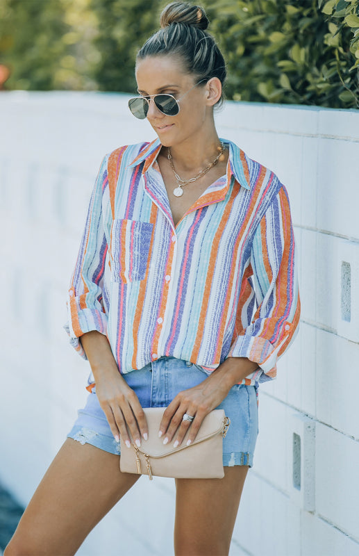 Shirts- Washed Stripes Button Down V-Neck Shirt- Orange white purple stripes- Pekosa Women Clothing