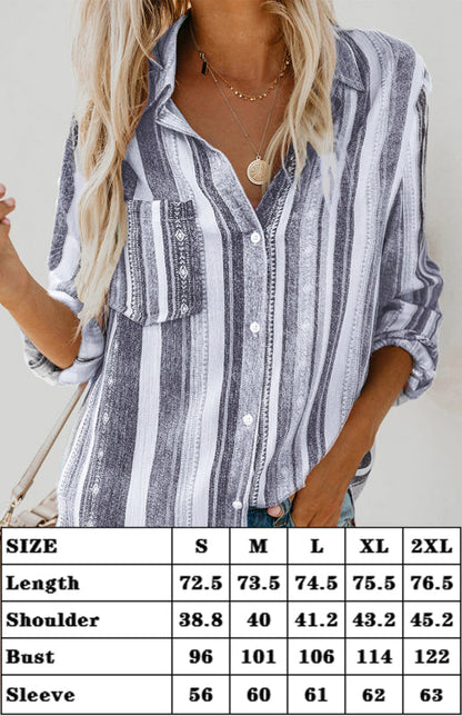 Shirts- Washed Stripes Button Down V-Neck Shirt- - Pekosa Women Clothing