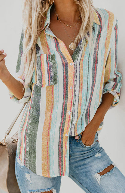 Shirts- Washed Stripes Button Down V-Neck Shirt- Yellow-green-white stripes- Pekosa Women Clothing