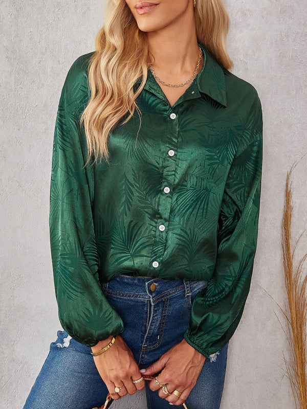 Shirts- Women's Button-Down Shirt with Lapel Collar - Foliage Print Delight!- Dark green- Pekosa Women Clothing