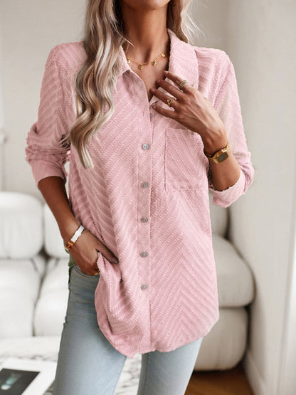 Shirts- Women's Elegant Jacquard Chevron Shirt - Button Down & Long Sleeve Top- - Pekosa Women Clothing