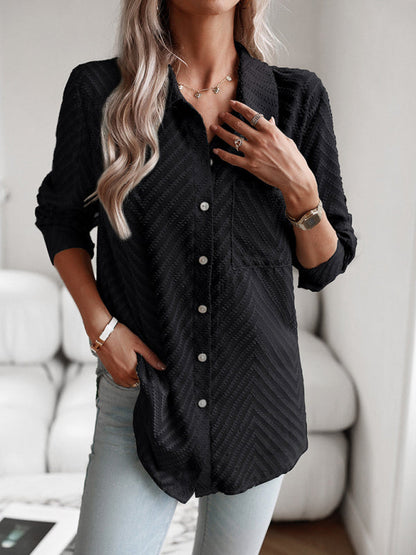 Shirts- Women's Elegant Jacquard Chevron Shirt - Button Down & Long Sleeve Top- - Pekosa Women Clothing