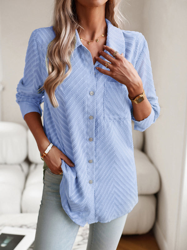 Shirts- Women's Elegant Jacquard Chevron Shirt - Button Down & Long Sleeve Top- - Pekosa Women Clothing