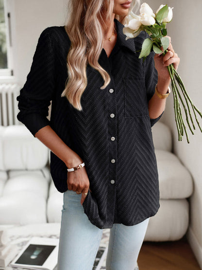 Shirts- Women's Elegant Jacquard Chevron Shirt - Button Down & Long Sleeve Top- - Pekosa Women Clothing