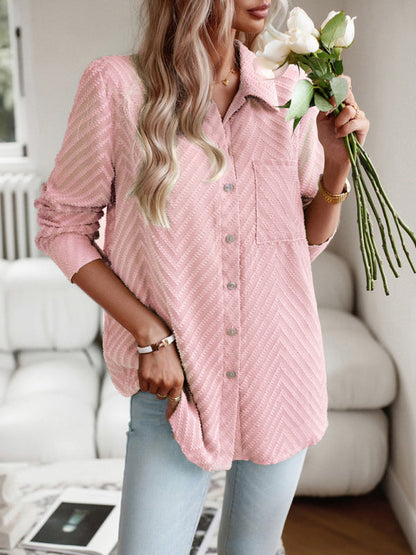 Shirts- Women's Elegant Jacquard Chevron Shirt - Button Down & Long Sleeve Top- - Pekosa Women Clothing