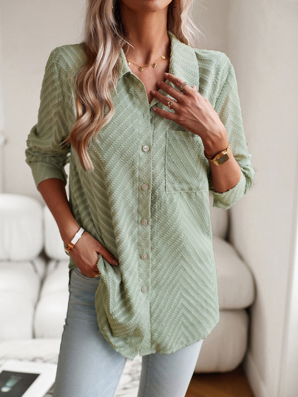 Shirts- Women's Elegant Jacquard Chevron Shirt - Button Down & Long Sleeve Top- - Pekosa Women Clothing