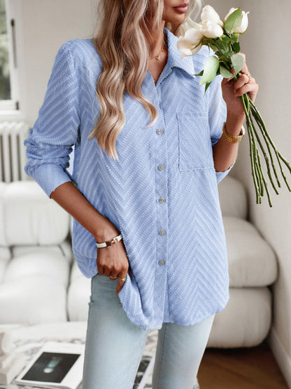 Shirts- Women's Elegant Jacquard Chevron Shirt - Button Down & Long Sleeve Top- Blue- Pekosa Women Clothing