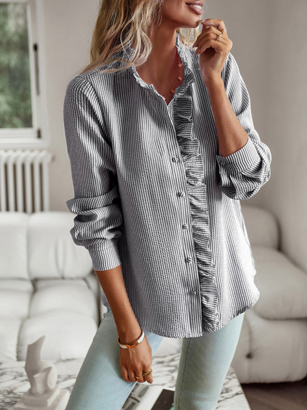 Shirts- Women's Textured Button Down Shirt - Stand Collar and Ruffle Blouse- - Pekosa Women Clothing