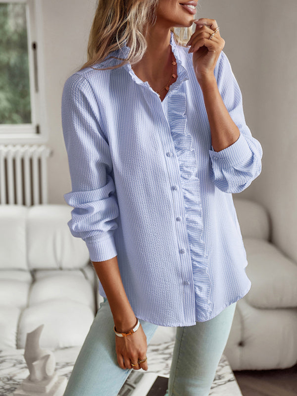 Shirts- Women's Textured Button Down Shirt - Stand Collar and Ruffle Blouse- - Pekosa Women Clothing