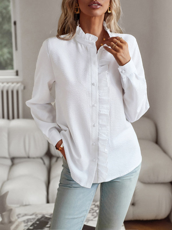 Shirts- Women's Textured Button Down Shirt - Stand Collar and Ruffle Blouse- - Pekosa Women Clothing