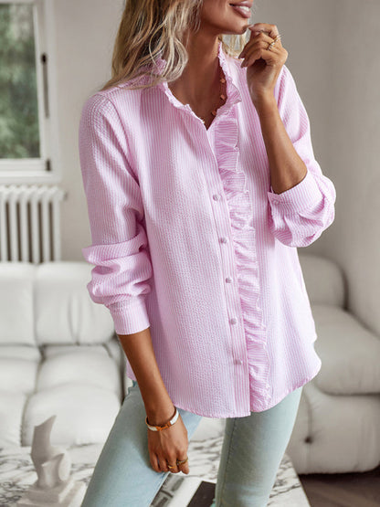 Shirts- Women's Textured Button Down Shirt - Stand Collar and Ruffle Blouse- - Pekosa Women Clothing