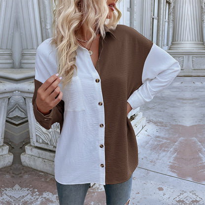 Shirts- Women's Trendy Loose Shirt - Button Down Top with a Pocket Side- Coffee- Pekosa Women Clothing