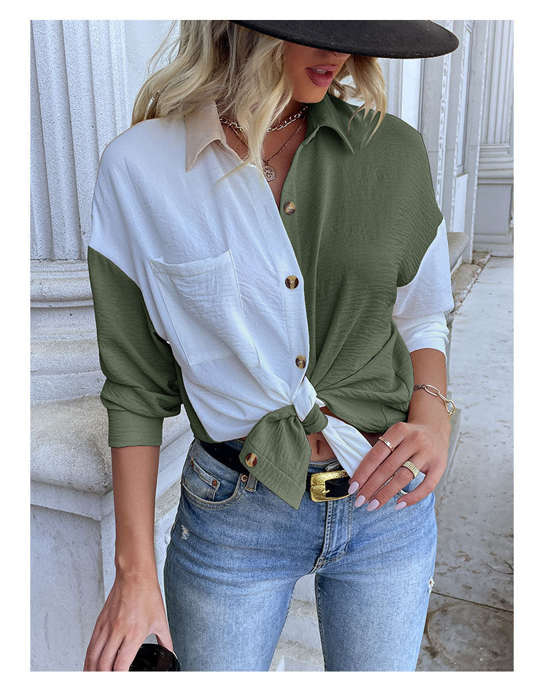 Shirts- Women's Trendy Loose Shirt - Button Down Top with a Pocket Side- - Pekosa Women Clothing