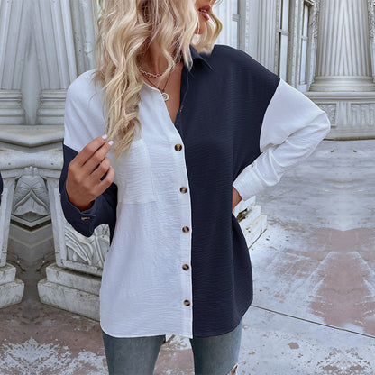 Shirts- Women's Trendy Loose Shirt - Button Down Top with a Pocket Side- Navy Blue- Pekosa Women Clothing