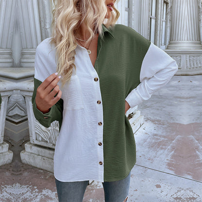 Shirts- Women's Trendy Loose Shirt - Button Down Top with a Pocket Side- Olive green- Pekosa Women Clothing