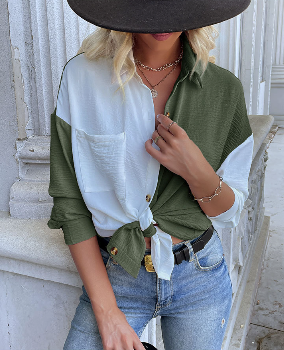 Shirts- Women's Trendy Loose Shirt - Button Down Top with a Pocket Side- - Pekosa Women Clothing