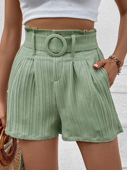 Shorts- Be the Trendsetter: Women's Paperbag Waist Belted Shorts with Pockets- Green- Pekosa Women Clothing