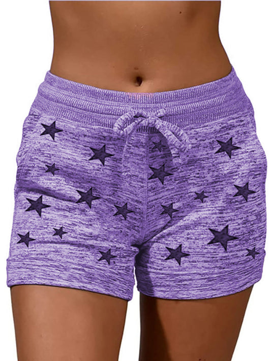 Shorts- Cotton Blend Shorts with Adjustable Waist - Loungewear Stars Print Boyshorts- Purple- Pekosa Women Clothing