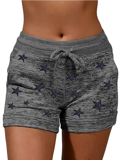 Shorts- Cotton Blend Shorts with Adjustable Waist - Loungewear Stars Print Boyshorts- Charcoal grey- Pekosa Women Clothing