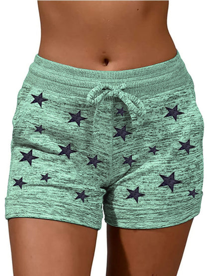 Shorts- Cotton Blend Shorts with Adjustable Waist - Loungewear Stars Print Boyshorts- Green- Pekosa Women Clothing