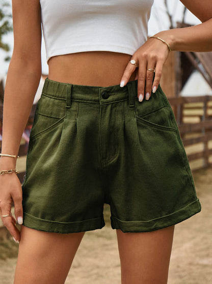 Shorts- Cotton Denim High Rise Shorts with Elastic Waistband- Olive green- Pekosa Women Clothing