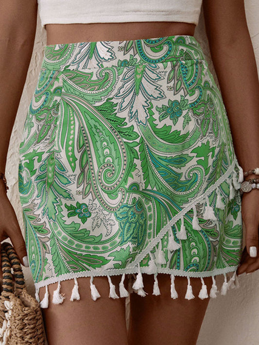 Shorts- Fringed Culottes: Versatile 2-in-1 Skirt-Shorts for Stylish Women- Green- Pekosa Women Clothing