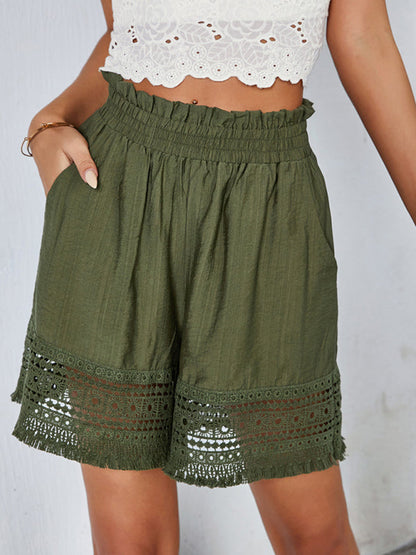 Shorts- High Rise Shorts with Textured and Embroidery- Olive green- Pekosa Women Clothing