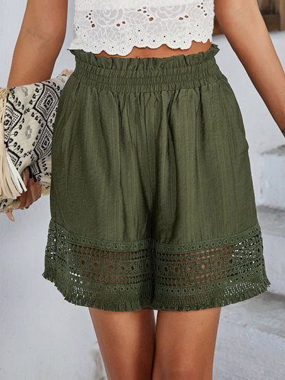 Shorts- High Rise Shorts with Textured and Embroidery- - Pekosa Women Clothing