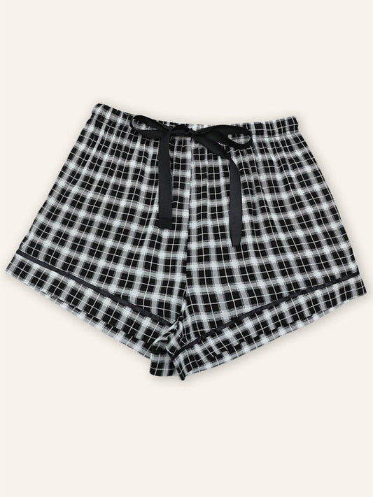 Shorts- Plaid Women's Comfy Loungewear Shorts with Adjustable Waist - Boyshorts- Black- Pekosa Women Clothing