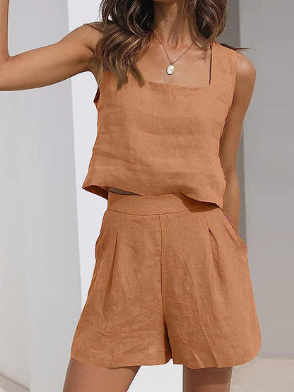 Shorts Set- Cotton Linen Set Crop Tank + Shorts- Orange- Pekosa Women Clothing