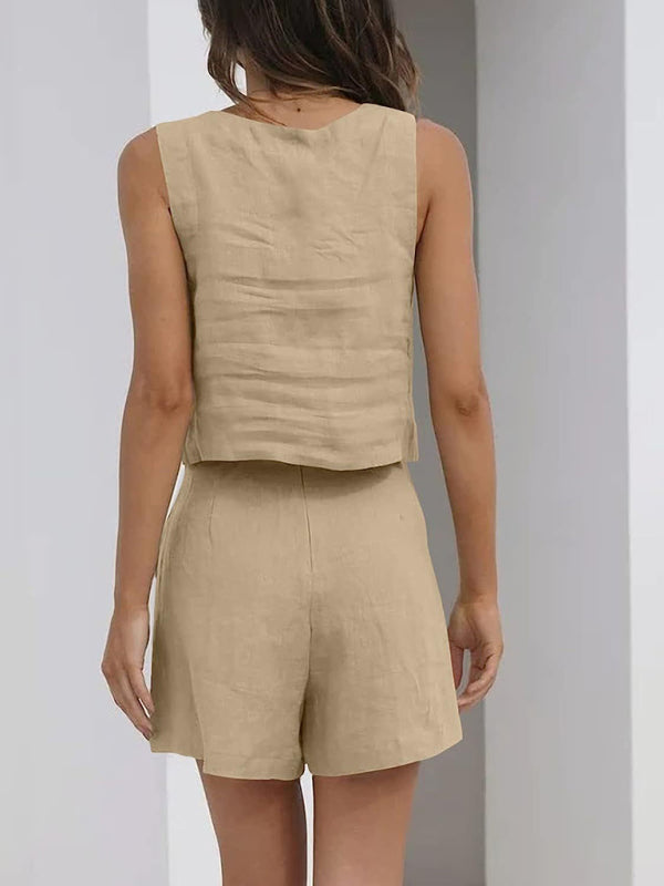 Shorts Set- Cotton Linen Set Crop Tank + Shorts- - Pekosa Women Clothing
