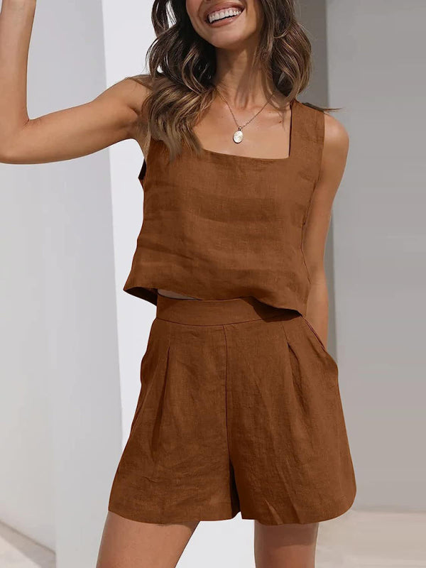 Shorts Set- Cotton Linen Set Crop Tank + Shorts- Coffee- Pekosa Women Clothing