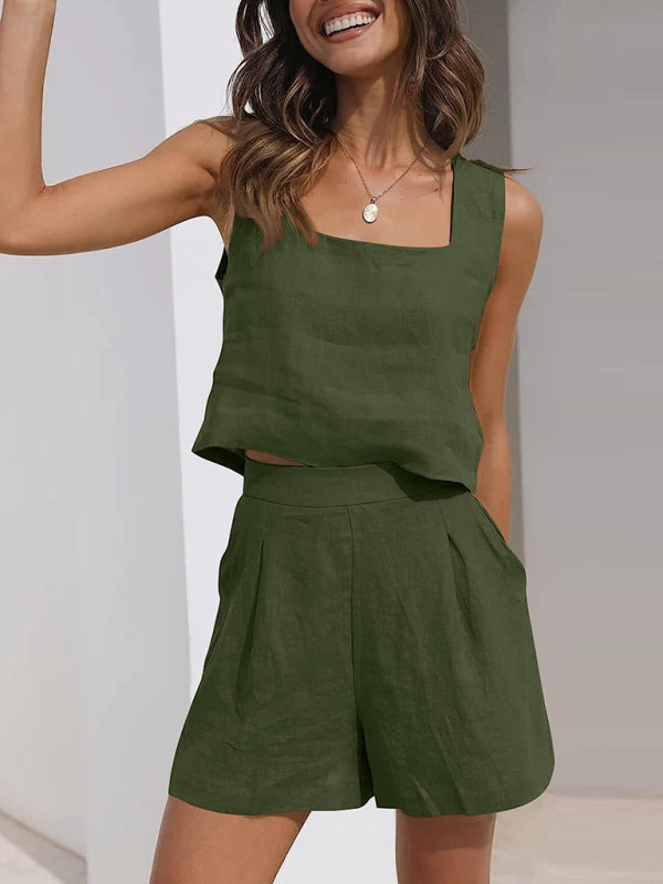 Shorts Set- Cotton Linen Set Crop Tank + Shorts- Olive green- Pekosa Women Clothing