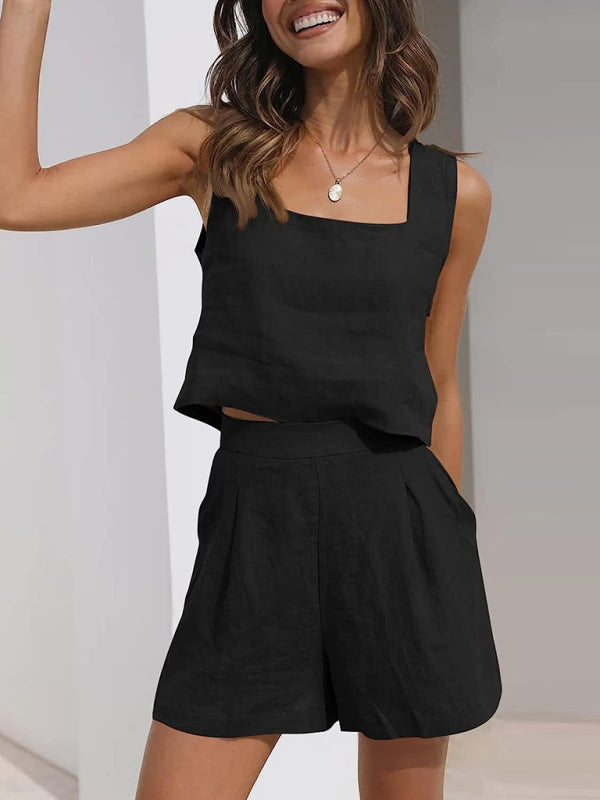 Shorts Set- Cotton Linen Set Crop Tank + Shorts- Black- Pekosa Women Clothing