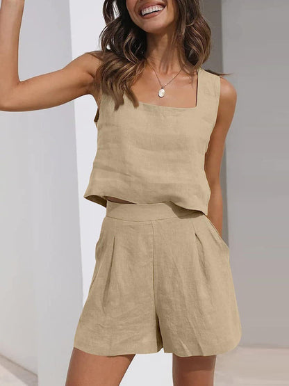 Shorts Set- Cotton Linen Set Crop Tank + Shorts- Beige- Pekosa Women Clothing