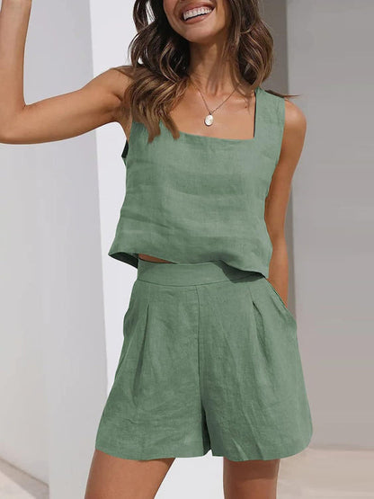 Shorts Set- Cotton Linen Set Crop Tank + Shorts- Green- Pekosa Women Clothing