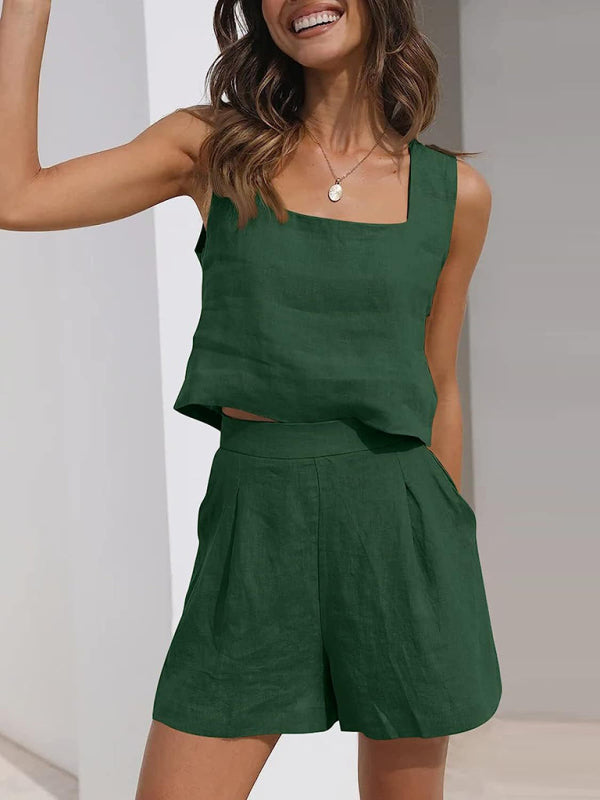 Shorts Set- Cotton Linen Set Crop Tank + Shorts- Green black jasper- Pekosa Women Clothing