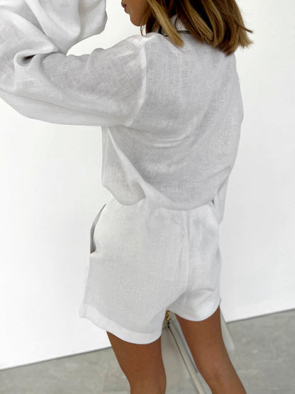 Shorts Set- Cotton Vacay Set: Balloon Sleeve Shirt + High Rise Shorts- - Pekosa Women Clothing