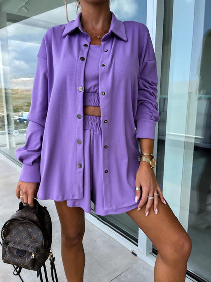 Shorts Set- Fashion Trio: Elastic Waist Shorts + Crop Vest + Cardigan Shirt- Purple- Pekosa Women Clothing