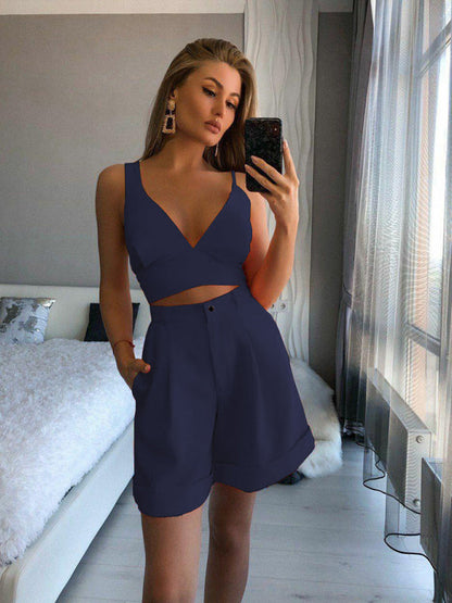 Shorts Set- On-Trend Women's 2 Piece Set: Asymmetrical Crop Cami Top & Shorts- Purplish blue navy- Pekosa Women Clothing