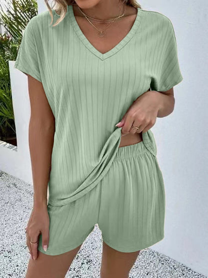 Shorts Set- Ribbed Lounge Set: T-shirt & High Rise Shorts- Green- Pekosa Women Clothing