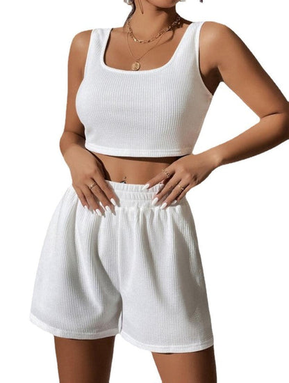 Shorts Set- Ribbed Perfection: Trendy Tank Top + High-Rise Shorts Set for Women- White- Pekosa Women Clothing