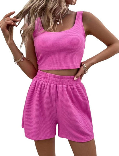 Shorts Set- Ribbed Perfection: Trendy Tank Top + High-Rise Shorts Set for Women- Pink- Pekosa Women Clothing