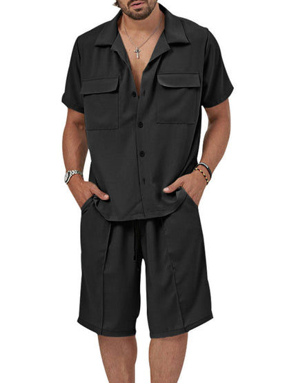 Shorts Set- Smart Casual Men’s 2-Piece Set with Button-Up Shirt & Pocketed Shorts- Black- Pekosa Women Fashion