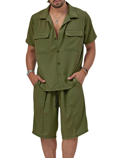 Shorts Set- Smart Casual Men’s 2-Piece Set with Button-Up Shirt & Pocketed Shorts- Olive green- Pekosa Women Fashion